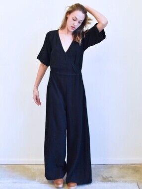Esby Duffy Reversible Jumpsuit Large Black Cotton Linen Wide Leg Short Sleeve
